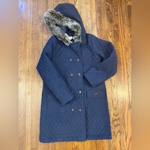 Navy Quilted Hooded Coat with Faux Fur Trim